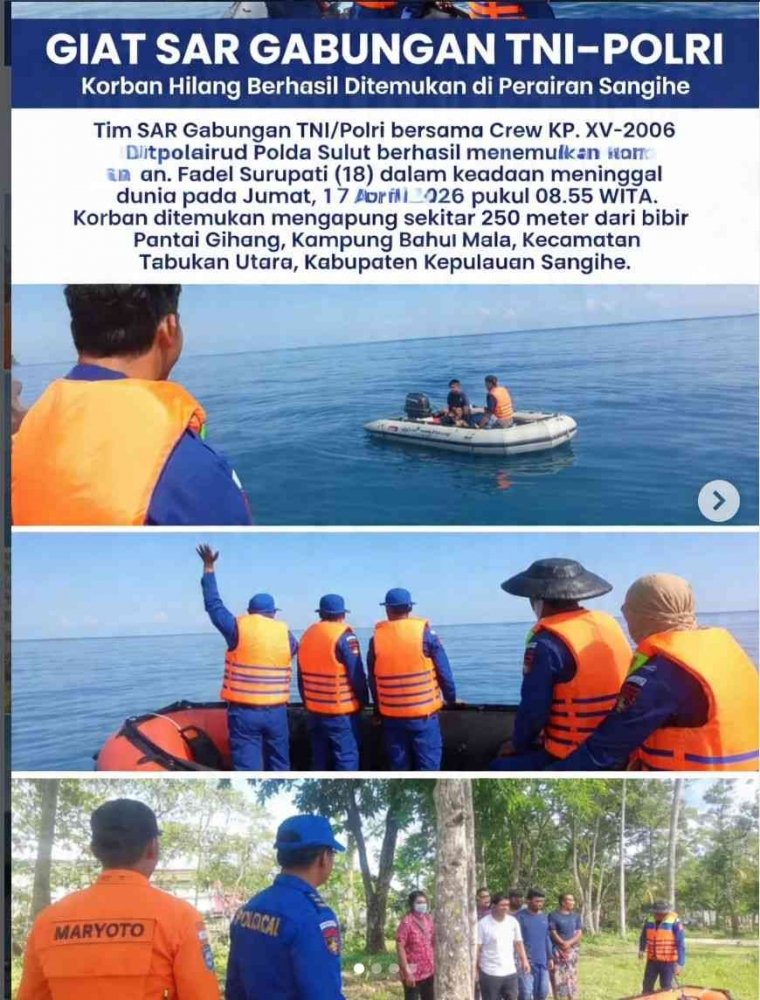 Ditpolairud Polda Sulut dan Tim Gabungan Berhasil Evakuasi Jasad Fadel Surupati di Perairan Sangihe